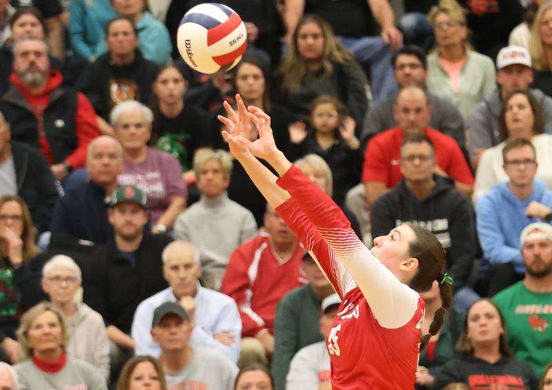 L-P's Drew Depenbrock pushes the ball over the net during the Class 3A Sectional final game on Thursday, Nov. 6, 2025 in Sellett Gymnasium at L-P High School.