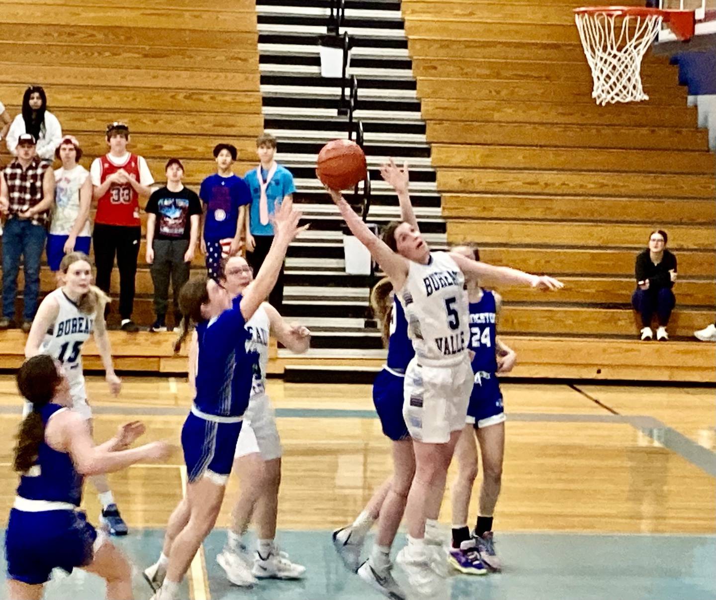 Bureau Valley's Kate Salisbury reaches for a rebound against Princeton at the Storm Cellar Thursday night. the Tigresses won 54-52 on a last-second shot by Camryn Driscoll.