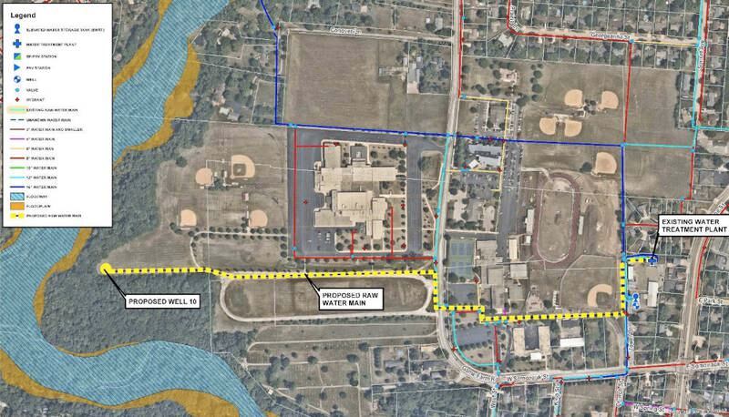 The yellow line shows the planned route for a water main running from a proposed new well on the far west side of the Yorkville High School property on the left to the city of Yorkville's water treatment plant on Tower Lane to the right. (City of Yorkville)