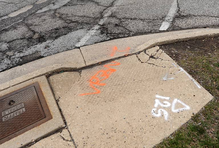 Marking on a crosse walk on Thursday April 7, 2022, the Illinois Department of Transportation plans to begin reconstruction this month on U.S. Route 14 between Pingree Road and Crystal Lake Avenue. The work includes upgrading the existing intersection curb ramps to bring them into compliance with Americans with the Disabilities Act, as well as removing and replacing 1.75 inches of pavement. The cost will project is about $3.5 million, to be paid for by the state.