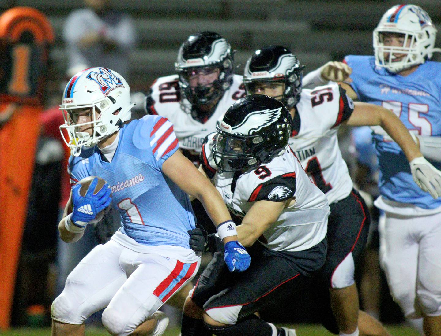 Marian Central’s Eddie Kowalczyk runs the ball in varsity football against Aurora Christian at George Harding Field on the campus of Marian Central High School in Woodstock on Friday, Oct. 11, 2024.
