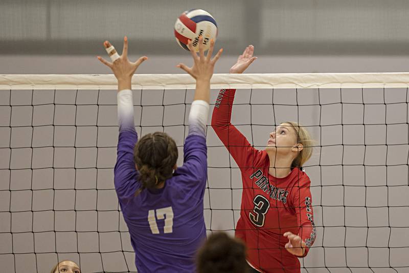 Erie-Prophetstown’s Kallie Wiseley works the net against Rochelle Saturday, Sept. 30, 2023 during the Sterling Volleyball Invitational held at Challand Middle School.