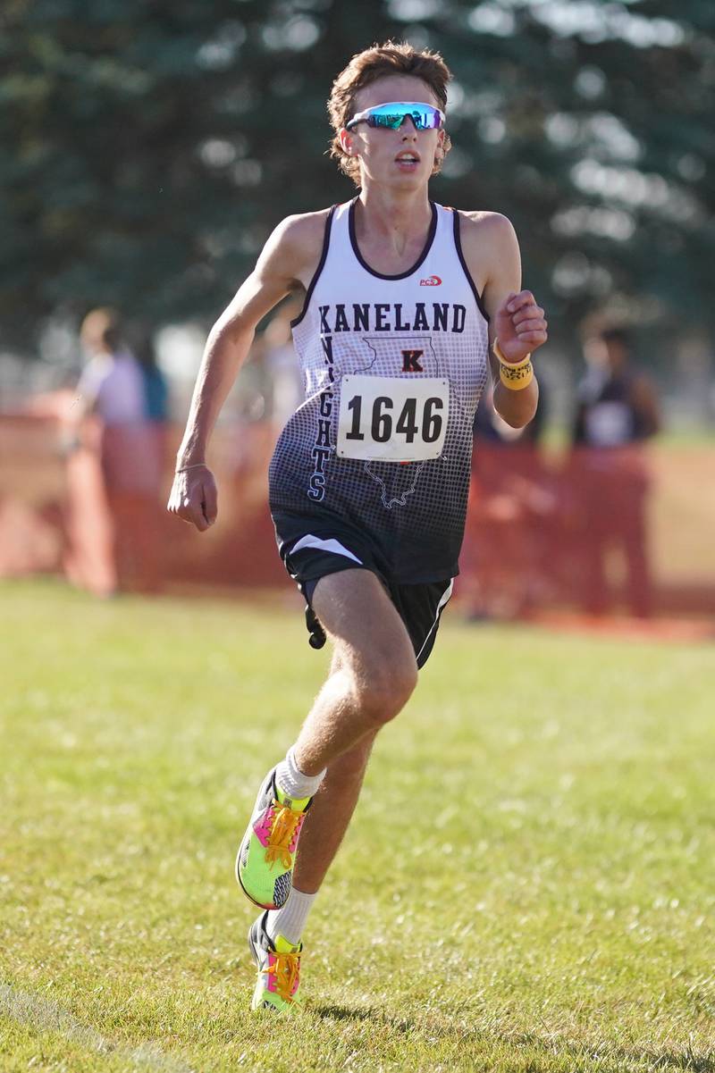 Kaneland’s Carson Kaiser competes in the Eddington cross country invitational at Kaneland High School in Maple Park on Saturday, Sep 21, 2024.