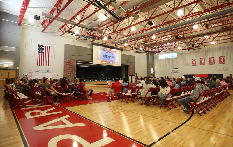 Hundreds of students, staff and Veterans fill the gymnasium during the annual Veterans Day Program on Monday, Nov. 11, 2024 at Parkside Middle School in Peru.