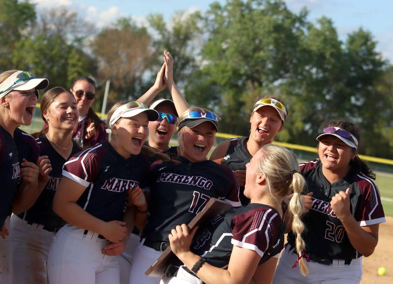 Marengo’s Indians celebrate a win over Aurora Central Catholic in IHSA Class 2A Regional Title Game action softball at Marengo High School in Marengo on Friday, May 23, 2025.