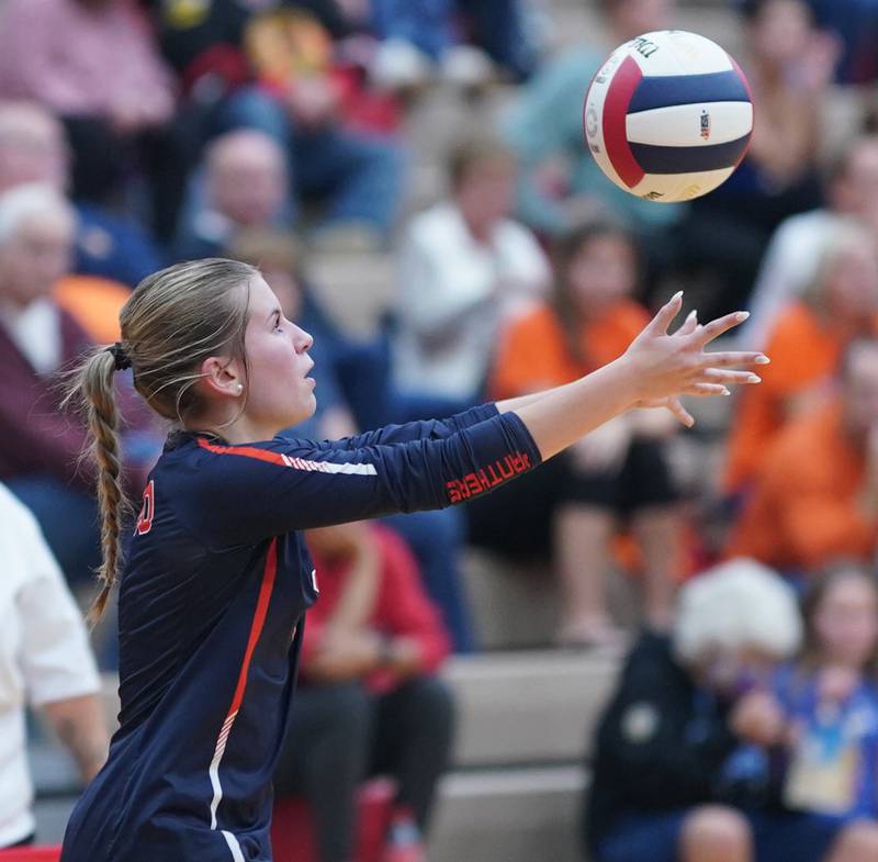 Oswego’s Alexis Terrazas (1) serves the ball against Plainfield North during the class 4A Plainfield North regional volleyball final at Plainfield North High School on Thursday, Oct. 26, 2023.