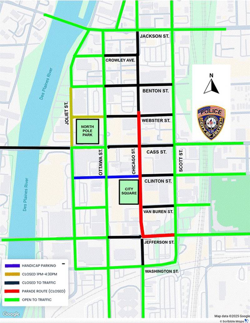 Map of street closures for the Joliet Light Up the Holiday parade and festivities on Friday, Nov. 28, 2025.