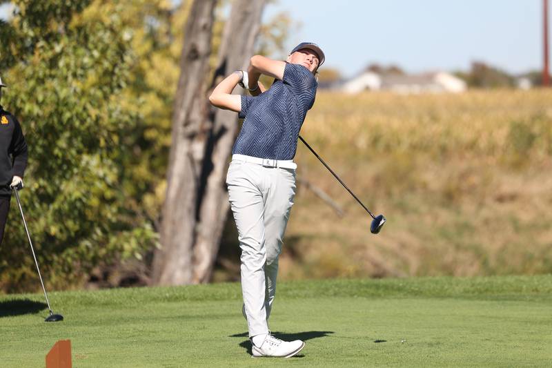 Lemont’s Joey Scott tees off the seventh hole in the Class 2A Lemont Boys Golf Sectional on Monday, Oct. 7, 2024 at Wedgewood Golf Course in Lemont.