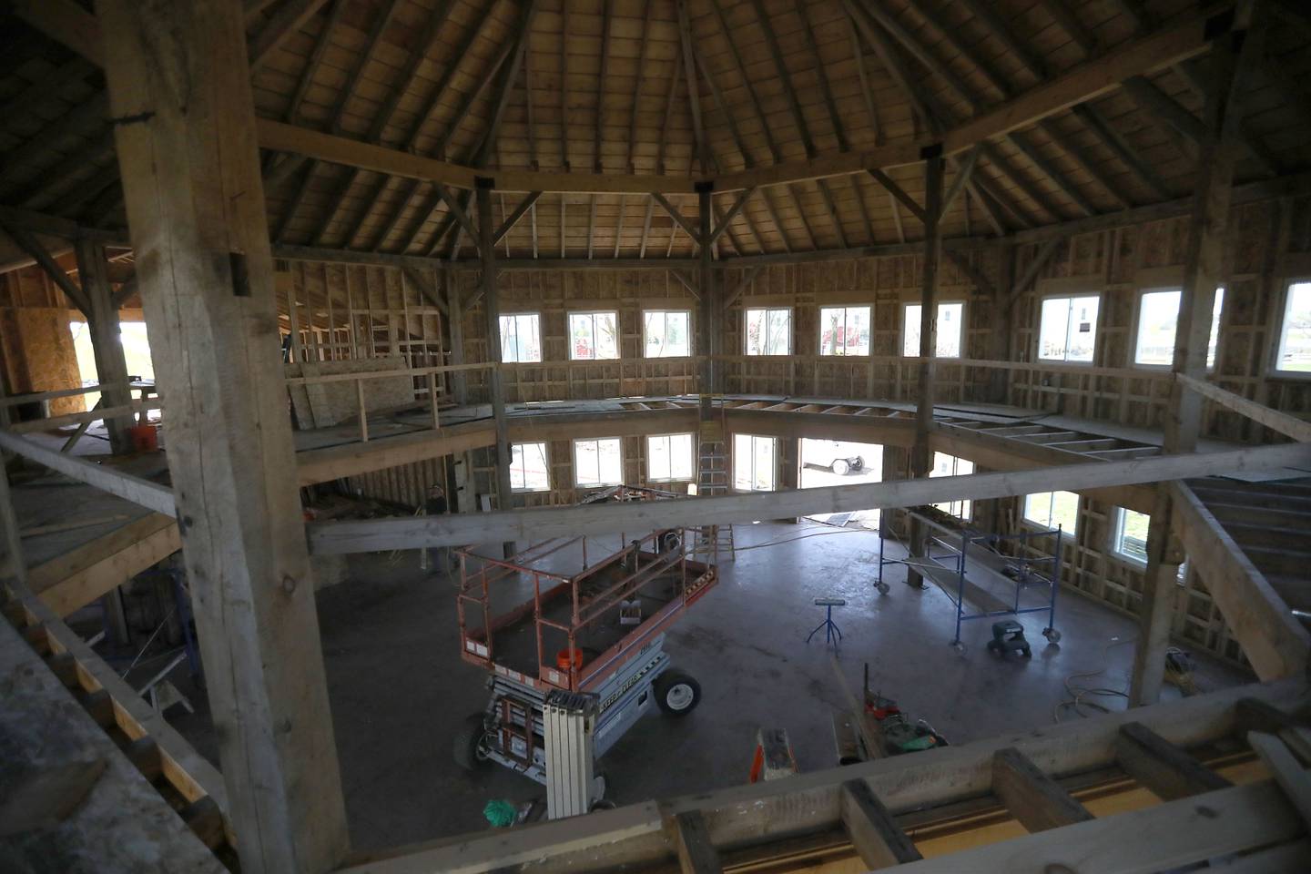 The inside of a rare, eight-sided barn on Wednesday, April 22, 2026, at Richardson Adventure Farm in Spring Grove.