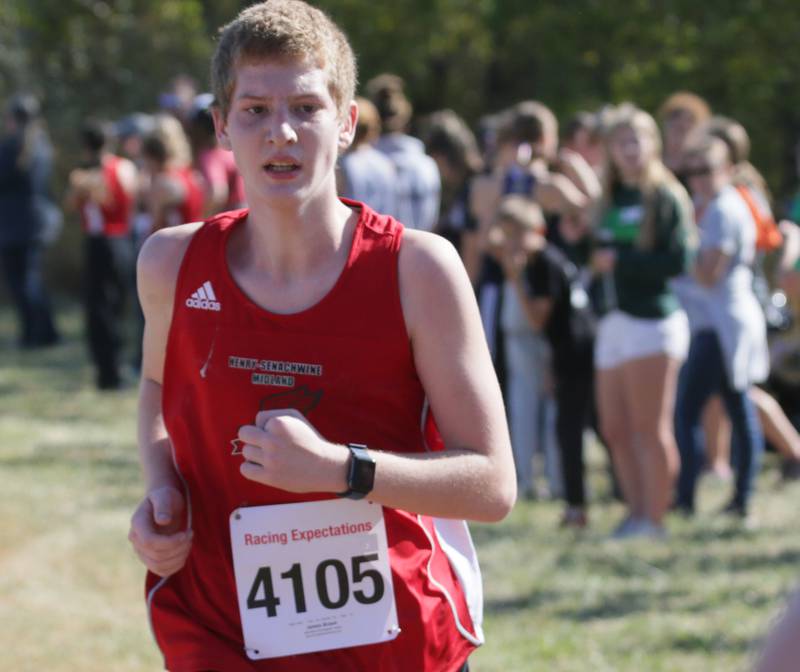 Henry-Senachwine's James Braun runs in the Class 1A Regional Cross Country boys race on Saturday, Oct. 22, 2022 at the Seneca FFA Farm in Marseilles.