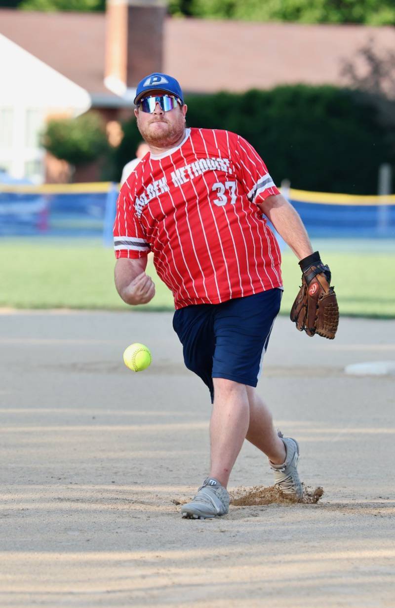 Malden Methodist pitcher Justin Smith delivers a pitch during Princeton Park District's Fastpitch League championship game Tuesday at Westside Park.