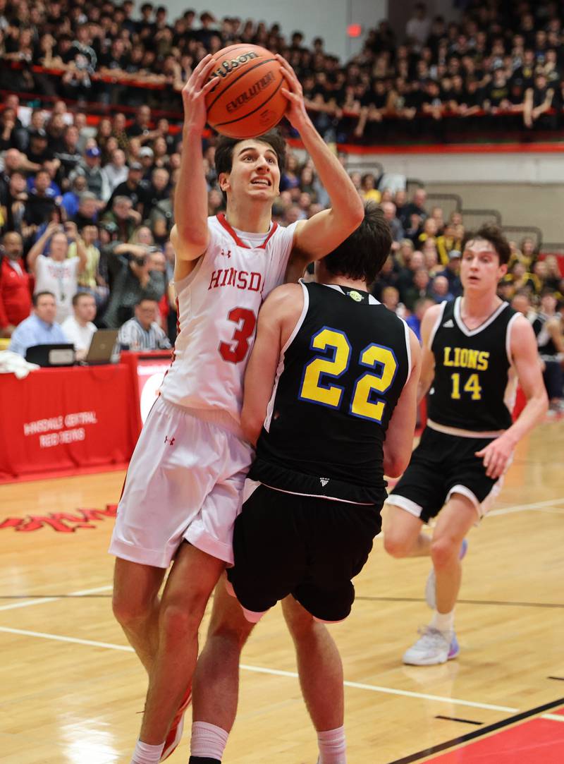 Hinsdale Central's Emerson Eck (3) commits a charge during the boys 4A varsity sectional semi-final game between Hinsdale Central and Lyons Township high schools in Hinsdale on Wednesday, March 1, 2023.