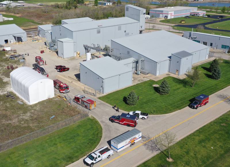 Emergency crews work the scene of a chemical release on Tuesday, April 21, 2026 at Cogee Titanium in Ottawa.