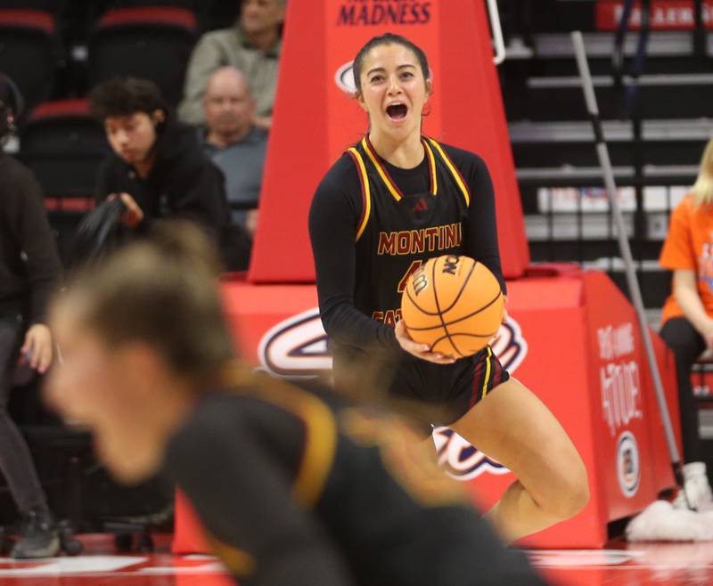 Montini's Natalie Gartlan reacts in the final seconds after defeating Quincy Notre Dame during the Class 3A State semifinal game on Thursday, March 6, 2025 at CEFCU Arena in Normal.