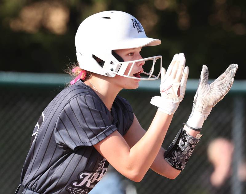 Kaneland's Ansley Ruh celebrates after hitting a double during their game against Sycamore Wednesday, May 7, 2025, at Kaneland High School in Maple Park.