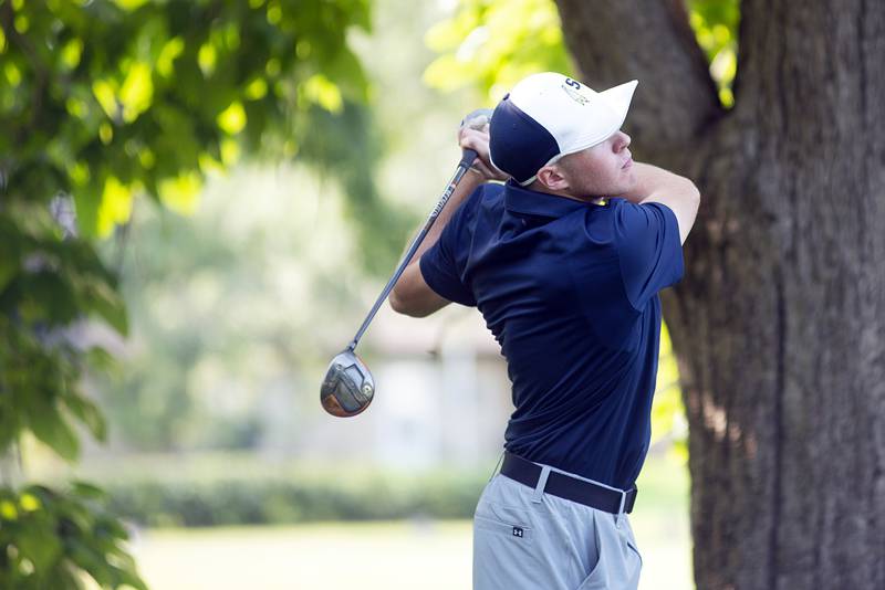 Sterling’s Cale Cushman drives off the #5 tee against Rock Falls on Sept. 14, 2022.