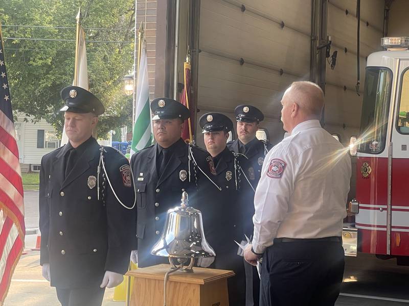 Members of the DeKalb Firefighters Color Guard march in formation after delivering their presentation of colors Sept. 11, 2024, as part of the Patriot Day Ceremony held at the fire department's station No. 1, 700 Pine St., in DeKalb.