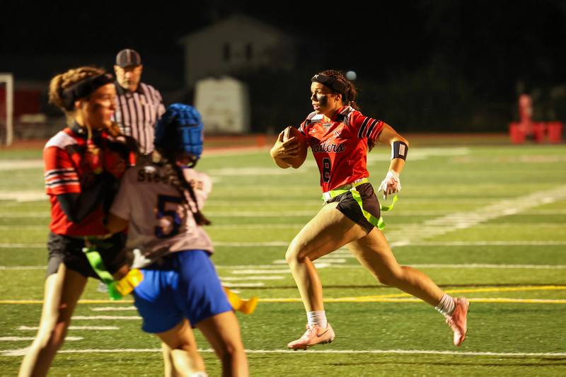 Bradley-Bourbonnais' Evelyn McIntyre runs the ball during the Boilermakers' 60-7 victory over Joliet Central in the season opener on Aug. 25, 2025.