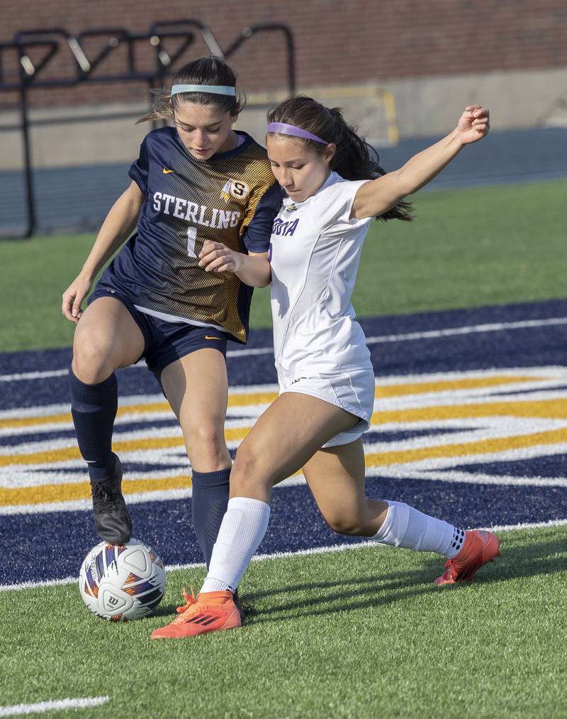 Sterling’s Sophia Georgieva works against Mendota’s Airam Cuevas Wednesday, April 8, 2026.