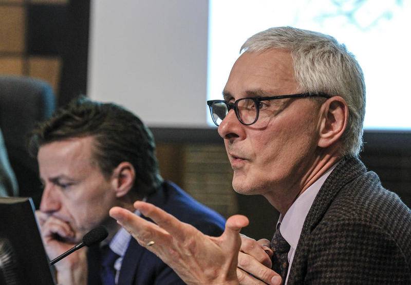 Interim City Manager Steve Jones addresses Tom George, director of NorthPoint development on Tuesday, March 3, 2020, at City Hall in Joliet, Ill.