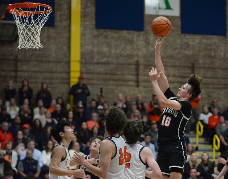 Byron's Ryan Tucker (10) shoots against Chicago Latin at the 2A Supersectional in Sterling on Monday, March 4, 2024. The Tigers beat the Romans 85-71 to advance to the state finals this week in Champaign.