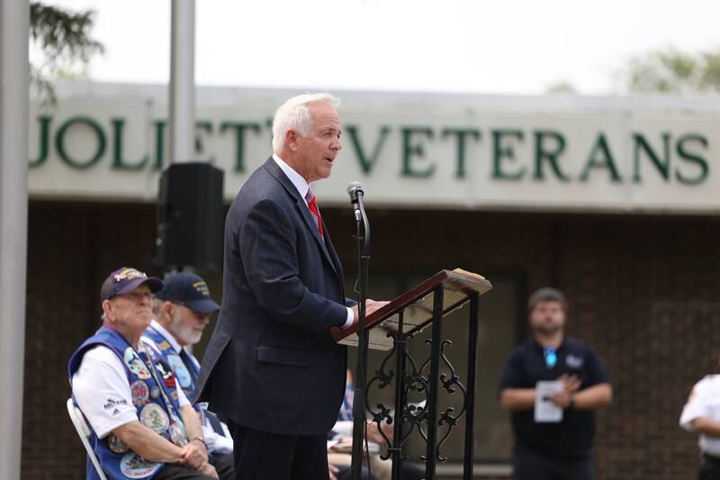 Joliet Mayor Terry D’Arcy speaks at a special Flag Day ceremony dedicating a memorial to remember the 28 World War II Submarines that traveled through Joliet on their way to the Pacific theater in Bicentennial Park on Wednesday, June 14, 2023 in Joliet.