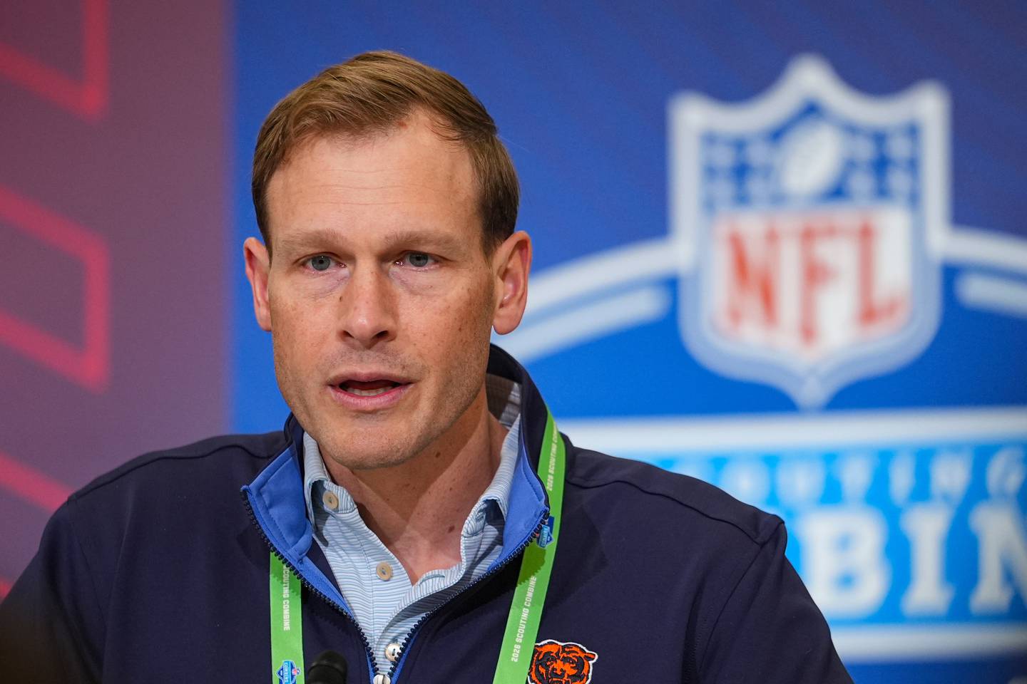 Chicago Bears head coach Ben Johnson speaks during a press conference at the NFL football scouting combine in Indianapolis, Tuesday, Feb. 24, 2026. (AP Photo/Michael Conroy)
