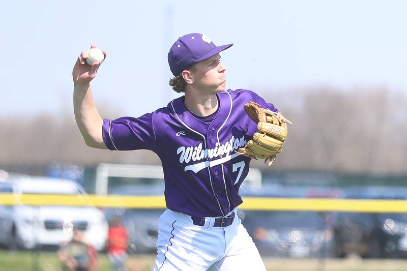 Wilmington’s Cooper Holman throws to first base for the out against Coal City on Monday, March 30, 2026 in Coal City.
