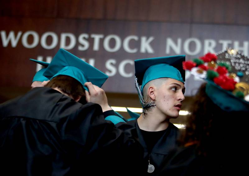 Members of the Class of 2025 line up for graduation at Woodstock North High School in Woodstock on Saturday, May 17, 2025.