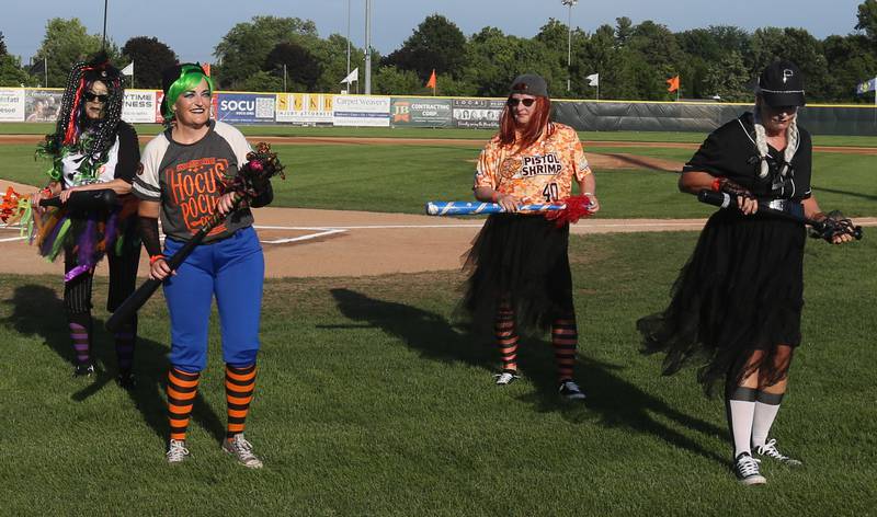 The Hocus Pocus Hags perform during the Illinois Valley Pistol Shrimp Halloween in July on Wednesday, July 23, 2025 at Schweickert Stadium in Peru. The event featured a Trick or Treat Scavenger Hunt presented by Peru Federal Savings Bank, Pregame Performance from the Hocus Pocus Hags and a kids costume parade.