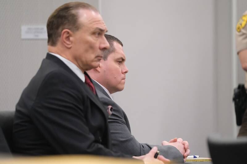 Jeremy Boshears, right, sits with his defense attorney Chuck Bretz as the State gives closing arguments in the Boshears murder trial. Boshears is charged with the murder of Kaitlyn “Katie” Kearns, 24, on Nov. 13, 2017. Friday, April 29, 2022, in Joliet.