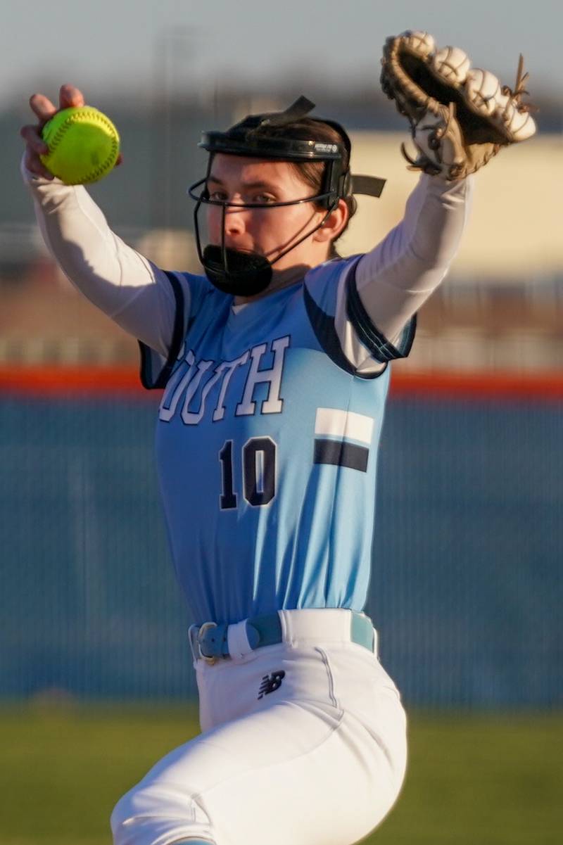 Downers Grove South's Danielle Carson (10) delivers a pitch against Oswego during a softball game at Oswego High School on Tuesday, March 19, 2024.