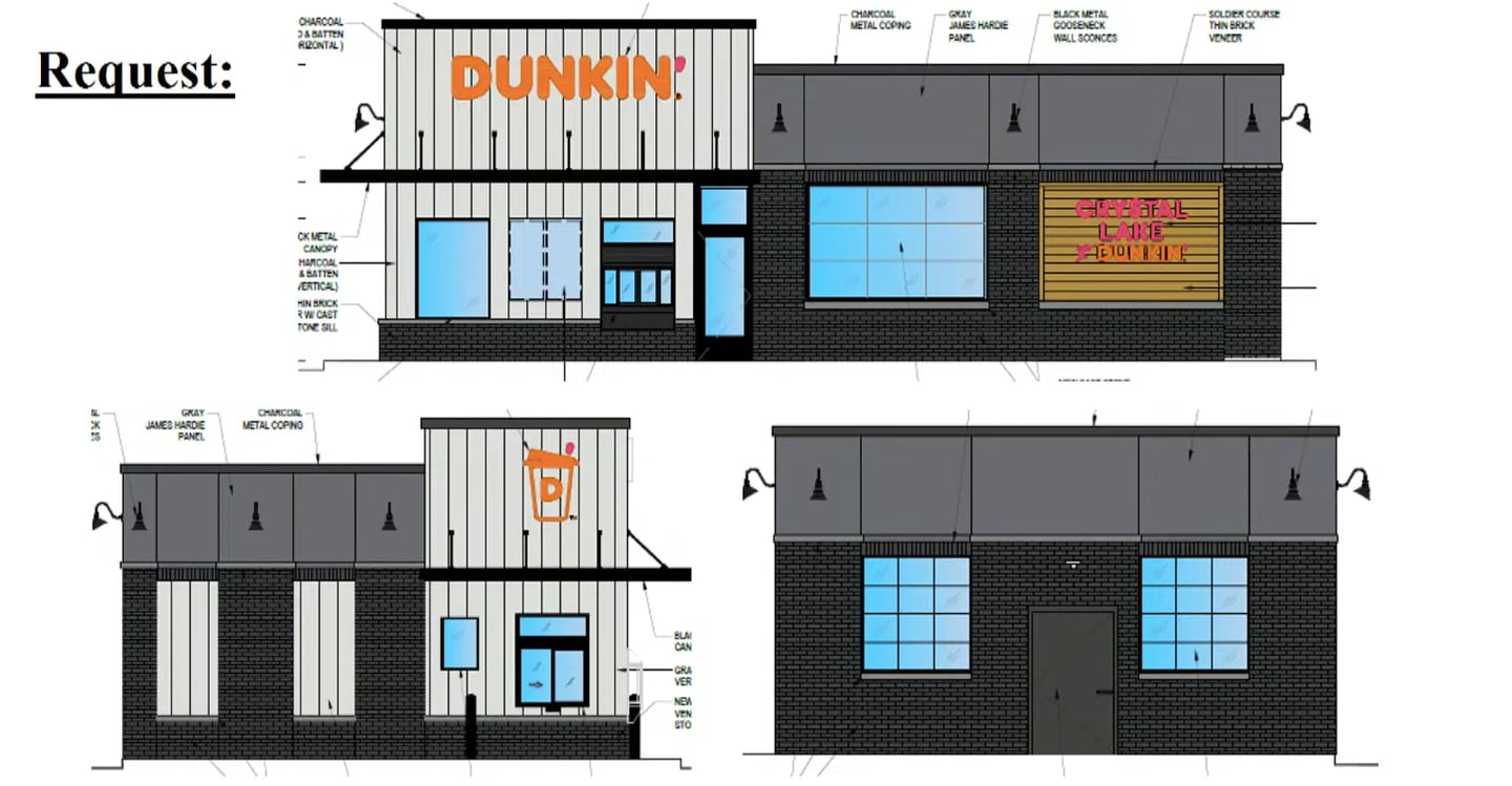A rendering of the proposed Dunkin' Donuts drive-thru location at 154 S. Virginia St., Crystal Lake.