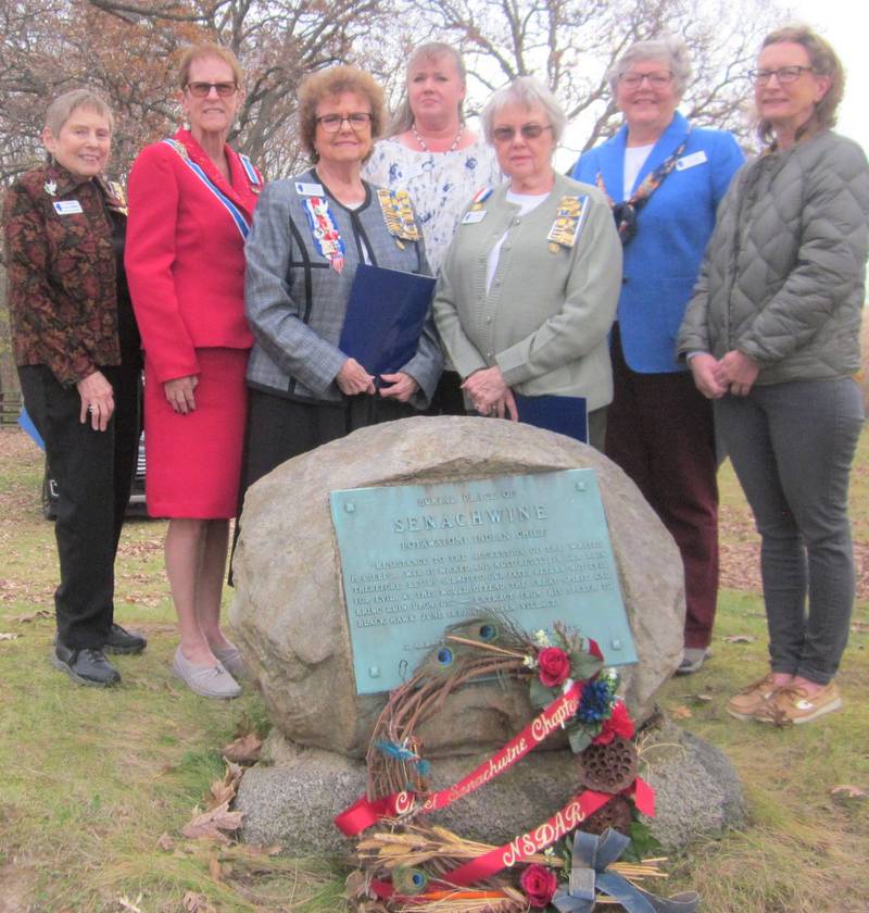 Atop the windy site of Chief Senachwine’s grave, members held a recognition ceremony and placed the chapter’s wreath.