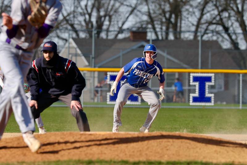 Princeton's Jace Stuckey takes his lead off second base in the Tigers' 6-2 win over Mendota on Monday at Prather Field.