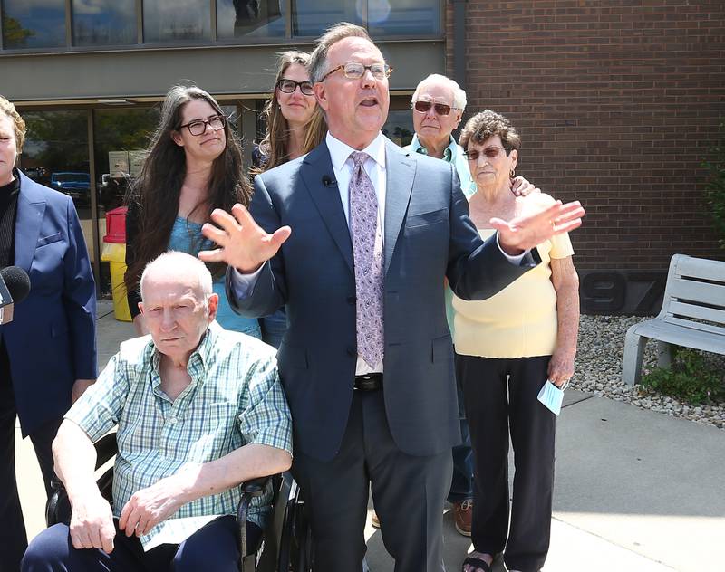 Chester Weger, his family and his attorney Andy Hale speak outside the La Salle County Government Complex on Monday, Aug. 1, 2022 in Ottawa.