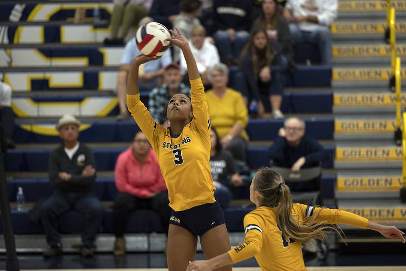 Sterling’s Delali Amankwa makes a pass against Alleman Tuesday, Oct. 22, 2024, in Sterling.