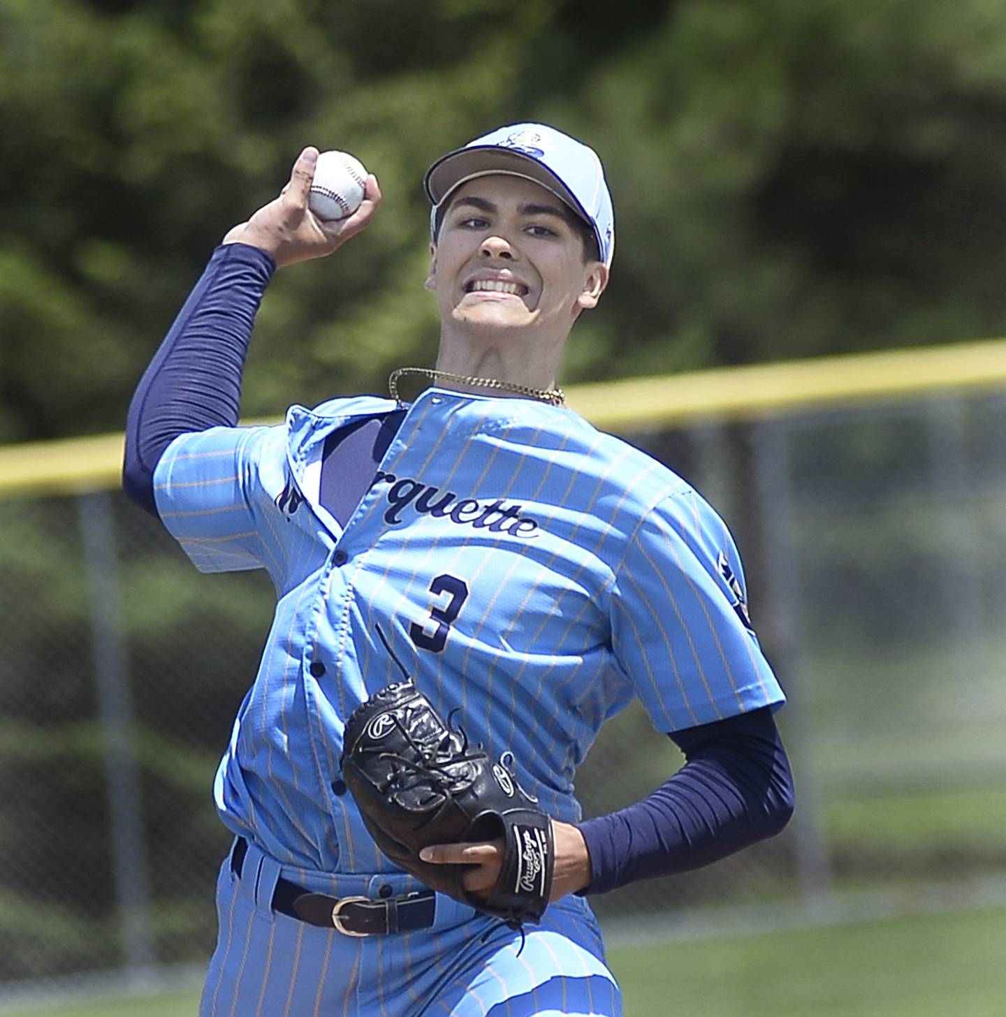 Marquette starting pitcher Taylor Waldron let's go with a pitch against St Bede on Saturday, May 20, 2023 at Masinelli Field in Ottawa.