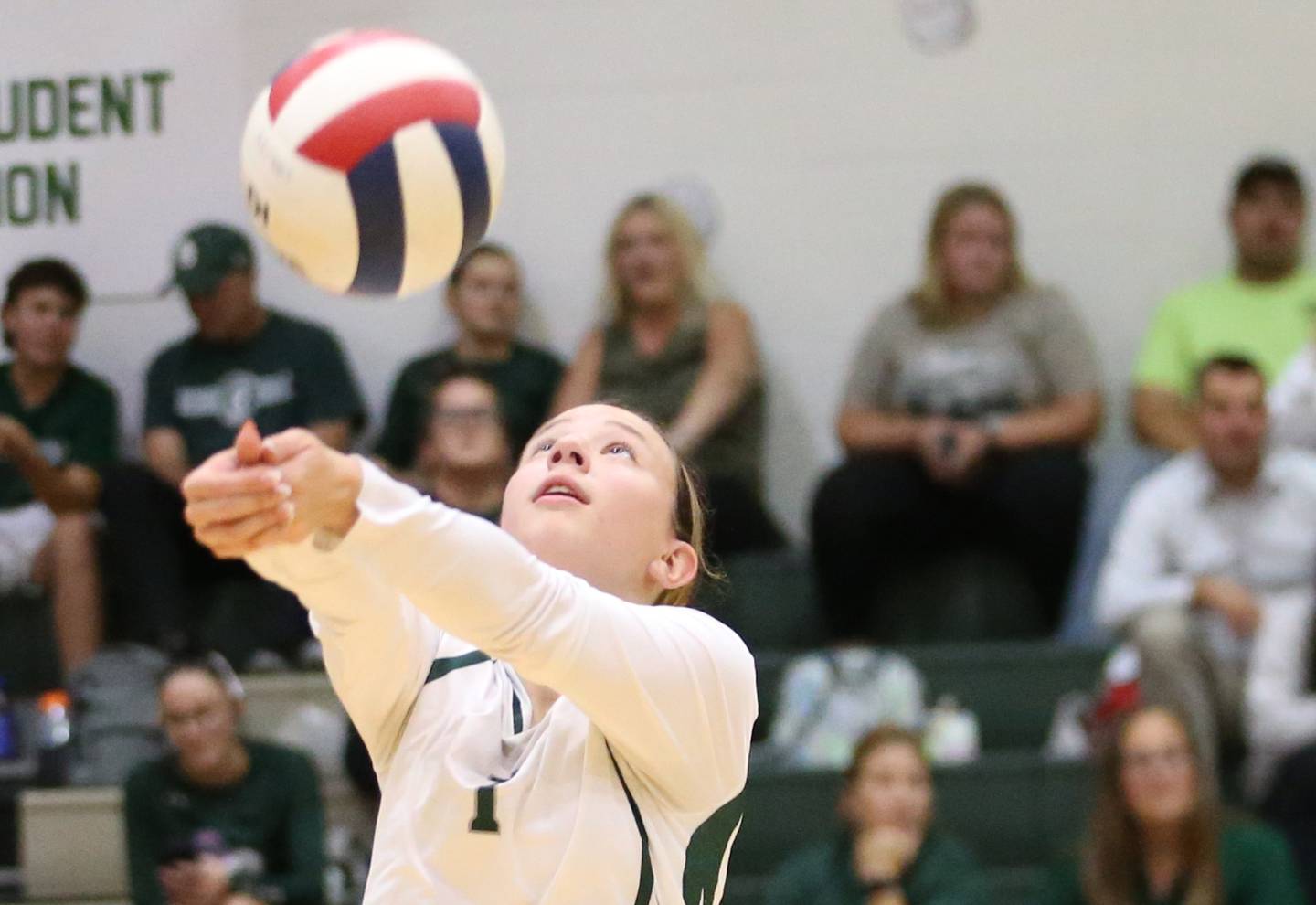 St. Bede libero Grace Millington returns a serve from Putnam County on Tuesday, Sept. 24, 2024 at St. Bede Academy.