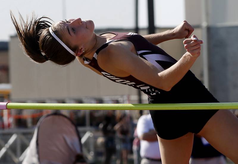 Prairie Ridge's Rylee Lydon high jumps Friday, May 10, 2023, during the IHSA Class 3A Huntley Girls Track and Field Sectional at Huntley High School.