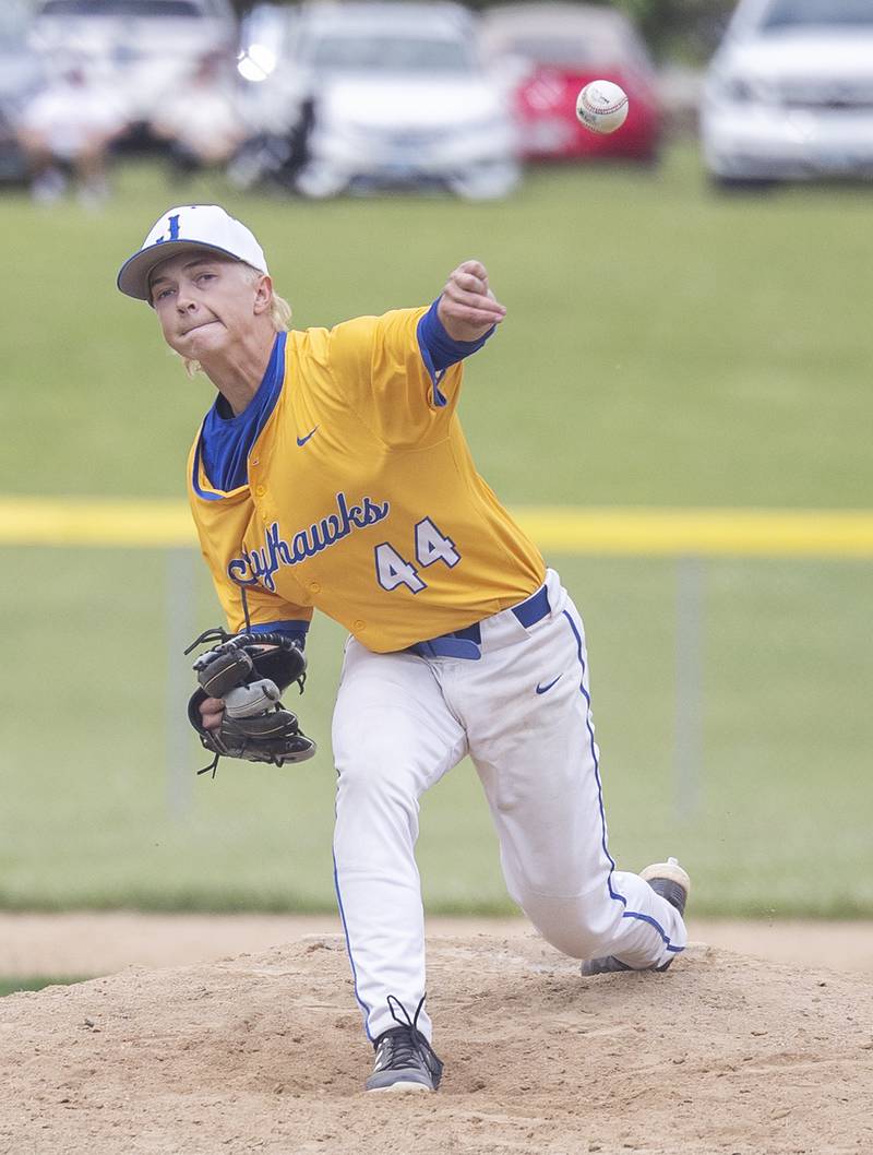 Johnsburg’s Evan Pohl fires a pitch against Byron Wednesday, May 28, 2025, in the Class 2A Sectional semifinal in Mendota. Pohl threw 6 innings in the win.