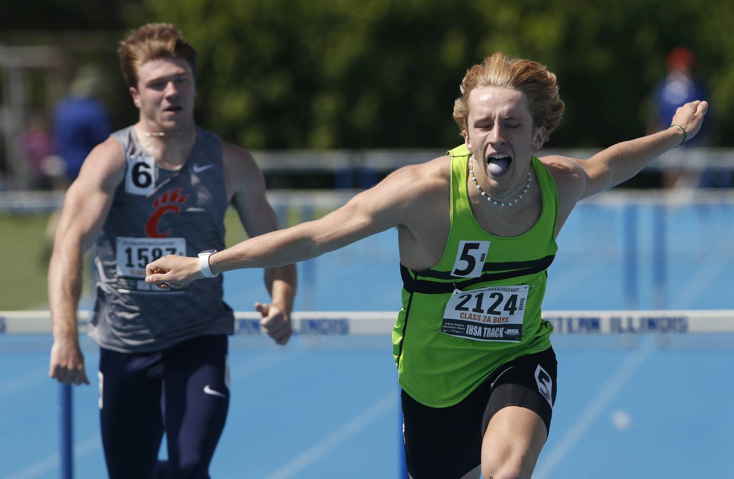 Rock Falls Matthew Marcum competes in the 300 meter hurdles during the IHSA Class 2A State Track and Field Championships Saturday, May 28, 2022, at Eastern Illinois University in Charleston.