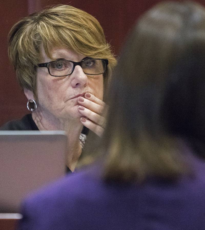 Judge Robbin Stuckert listens to First Assistant States Attorney Stephanie Klein during a bond reduction hearing for David Walls of Chicago on Tuesday, Feb. 28, 2017 at the DeKalb County Courthouse in Sycamore.  Walls, 18, along with Nico Griggs of Park Forest, 27, are accused of the October 6 DeKalb murder of Debrece Shields, 25, and reduction from the $5 million bond with a 10% posting was denied.