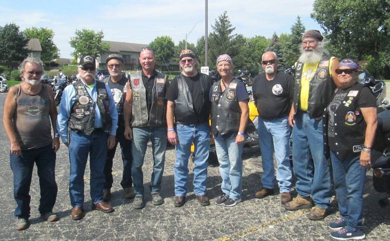 Pictured are American Legion Riders Post #181 from Sandwich who participated including Henry Herbst, Cliff Oleson, Bill Kolb, Jim Brantley (Sycamore ALR president and coordinator of ride), Kurt Gembeck (Open Roads ABATE), Sandy Lawrence, Brent Martin (Open Roads ABATE), Bob Lawrence and Sally Kolb.
