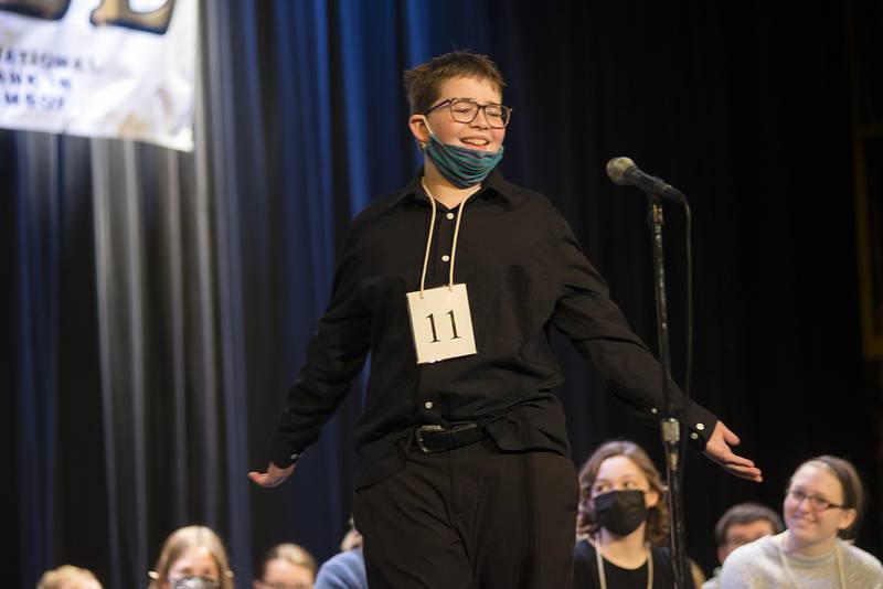 Liam Crumpton of Paw Paw Jr. High reacts to getting the word “tentativeness” during the Lee-Ogle-Whiteside Regional Spelling Bee Thursday, Feb. 24, 2022. Crumpton misspelled the tough multisyllabic word.