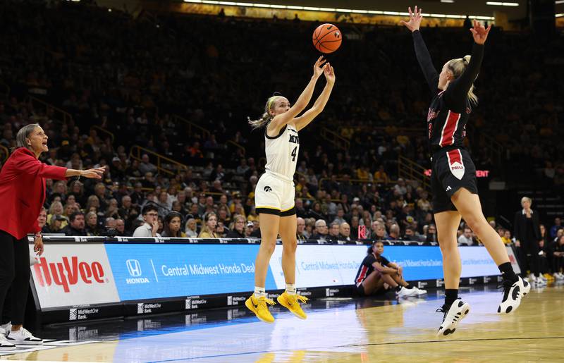 Iowa Hawkeyes guard Kylie Feuerbach (4) shoots a 3-pointer against Northern Illinois on Wednesday, November 6, 2024 at Carver-Hawkeye Arena. (Brian Ray/hawkeyesports.com)