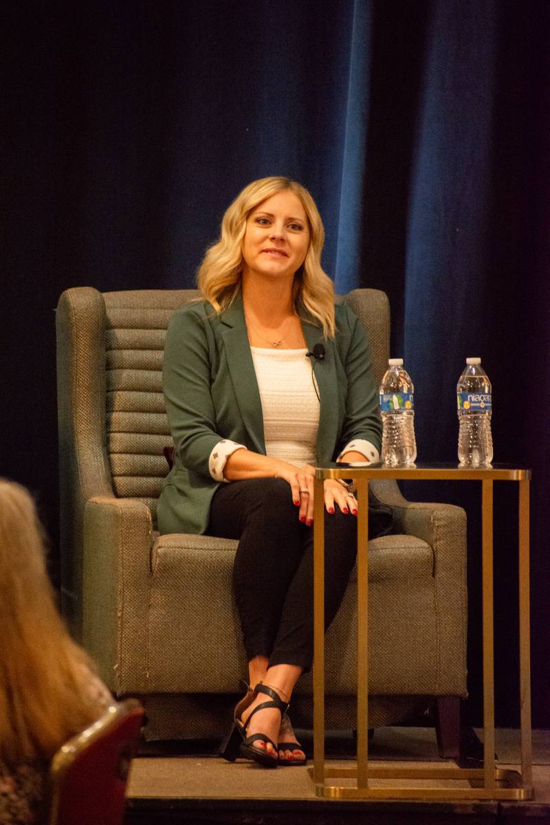 Ashley Speed, Grundy Bank's vice president, on the stage during the IBA's conference in Springfield.