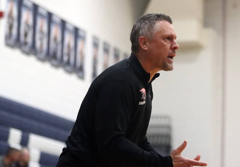 Huntley’s Head Coach Steve Raethz guides the Red Raiders in varsity girls basketball on Friday, Jan. 24, 2025, at Cary-Grove High School in Cary.