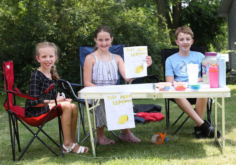 Millicent Fegovich, and her friends Greta and Gavin Conry pose for a photo while selling homemade lemonade in the Clarks Hill neighborhood on Monday, July 15, 2024 near Utica.