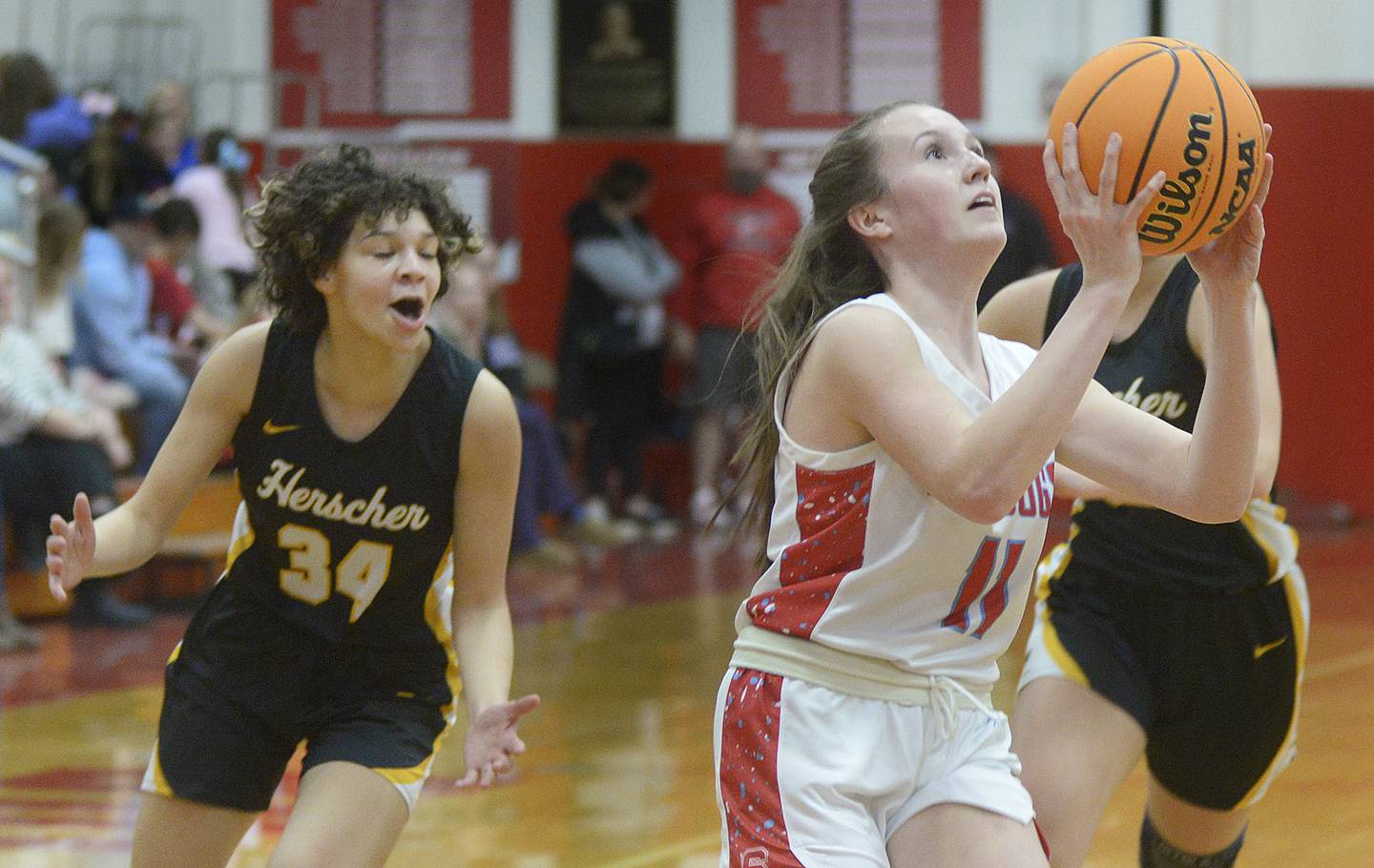 Streator’s Ava Gwaltney gets past Herschel’s Leia Haubner for a shot in the 1st period Thursday at Streator.